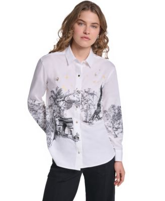 KARL LAGERFELD PARIS Women's Parisian Graphics Long-Sleeve Shirt