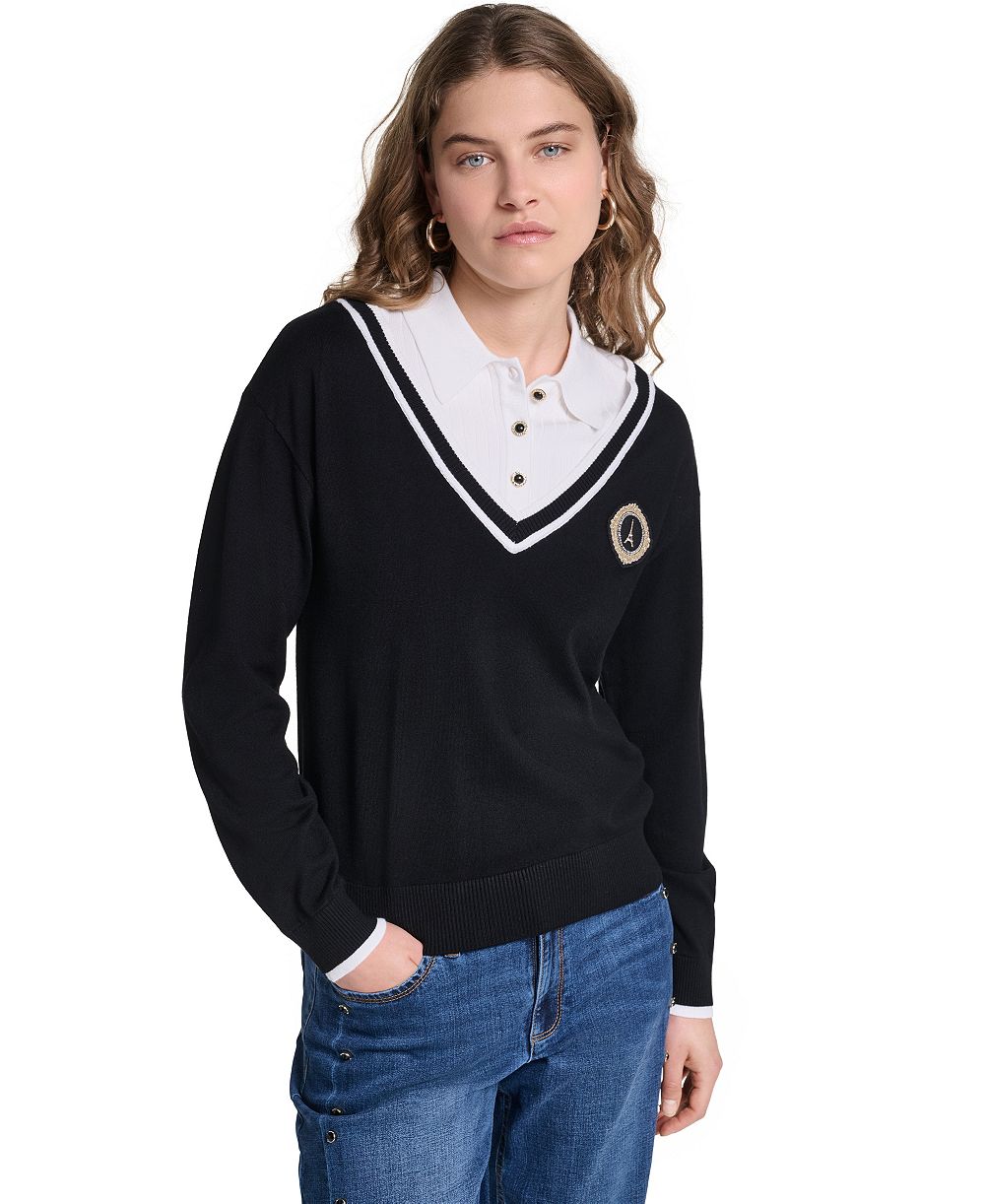 KARL LAGERFELD PARIS Women's Twofer Collared Sweater