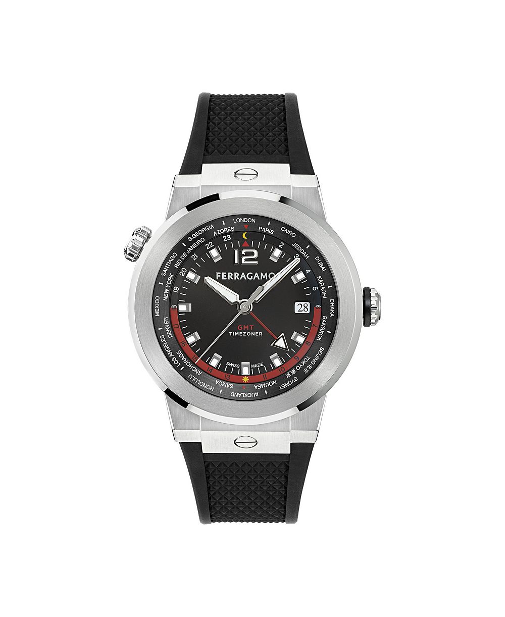 Ferragamo Мужские часы F-80 GMT Worldtime из черной нержавеющей стали 43mm