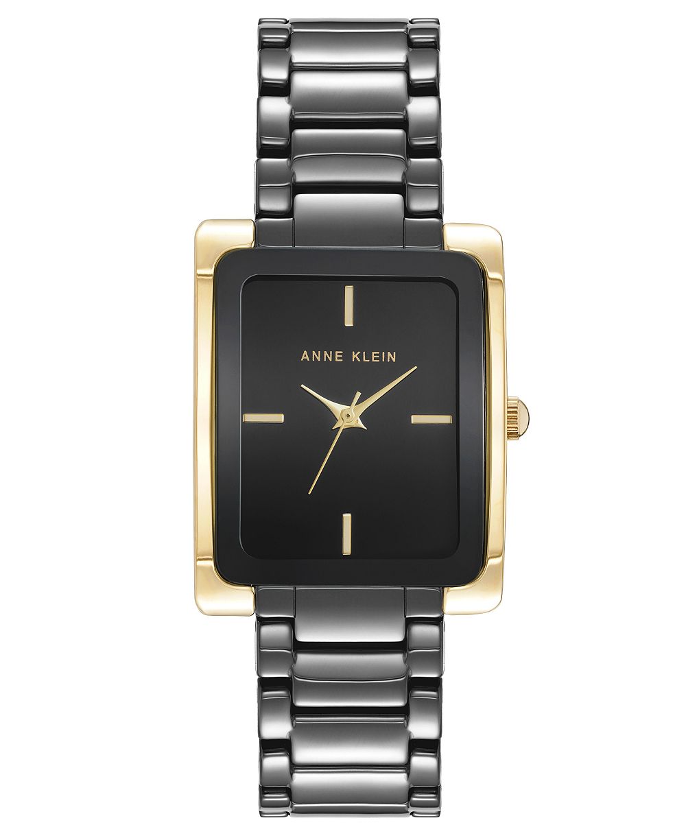 Женские часы Anne Klein Quartz Rectangle Black Dial Gold-Tone Black Bracelet 28mm x 35mm