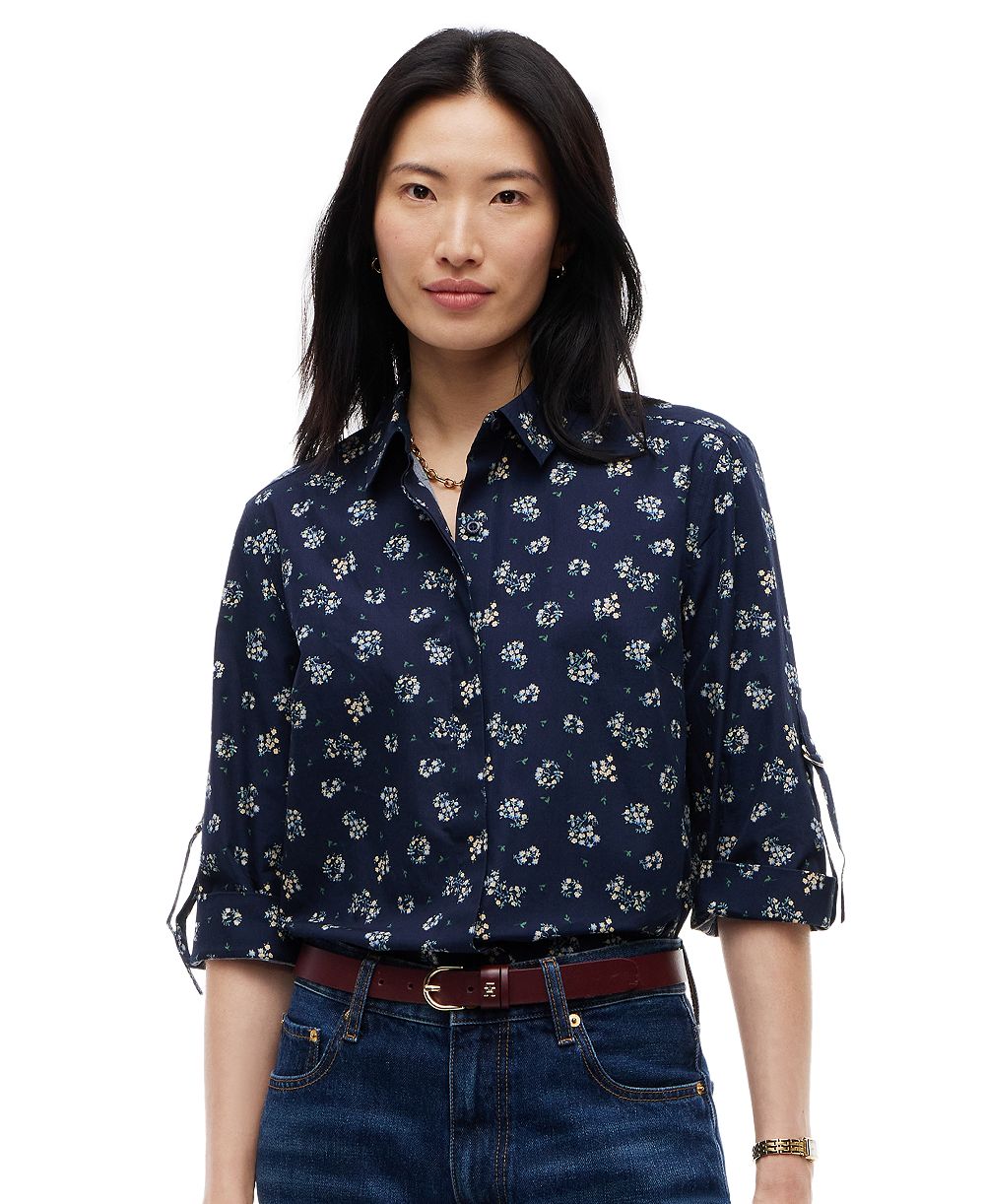 Tommy Hilfiger Women's Cropped Printed Roll-Tab Sleeve Shirt