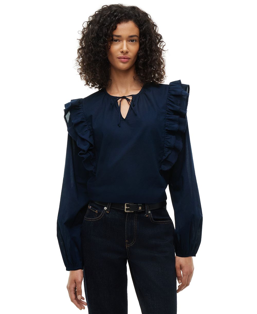 Tommy Hilfiger Women's Frill Detail Long-Sleeve Tie-Neck Top