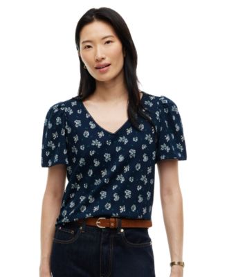 Tommy Hilfiger Women's Printed Contrast Trim Puff-Sleeve V-Neck Top