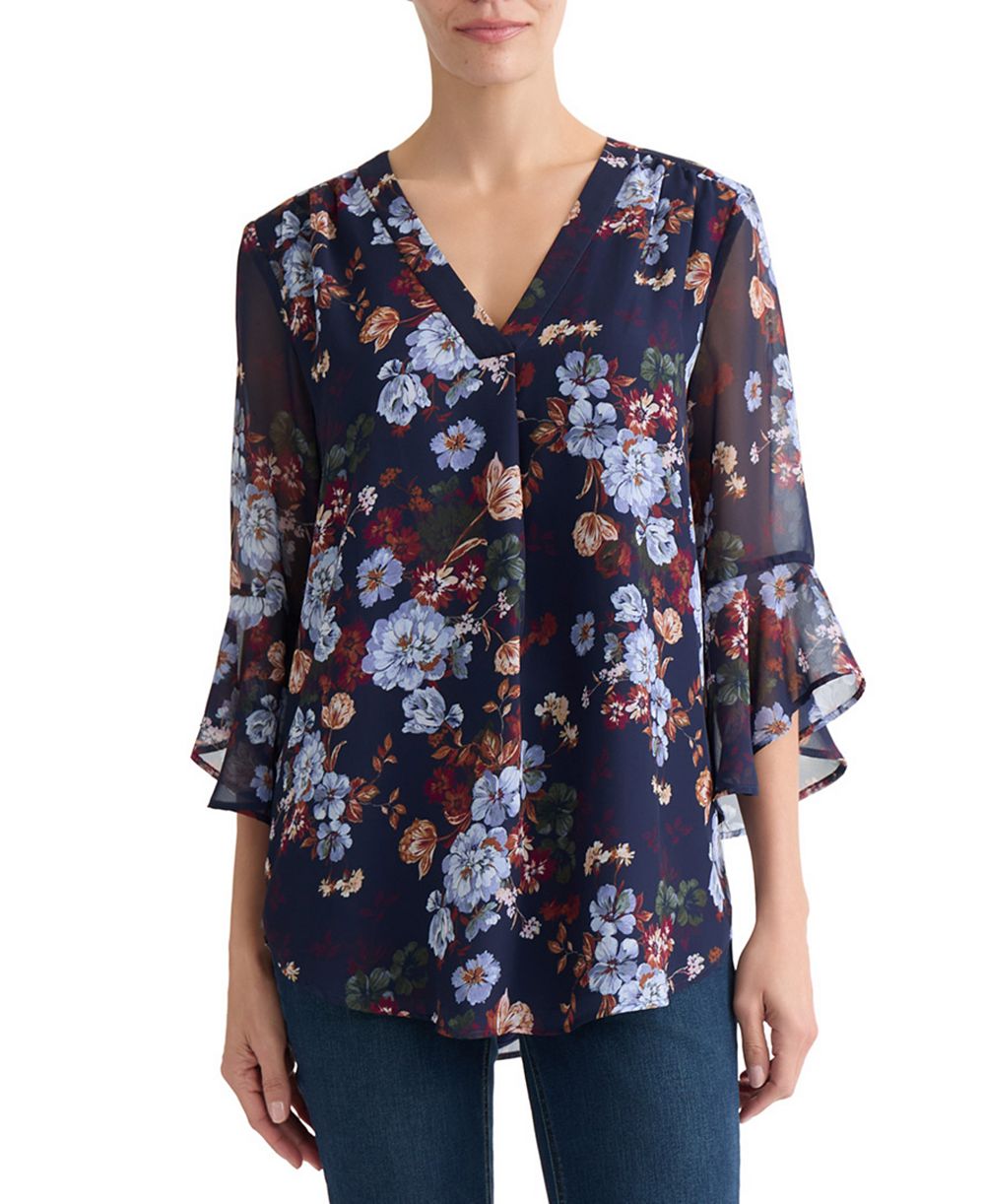 Jones New York Petite V-Neck Printed-Flutter-Sleeve Top