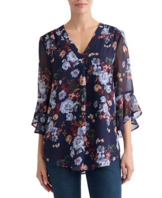 Jones New York Petite V-Neck Printed-Flutter-Sleeve Top