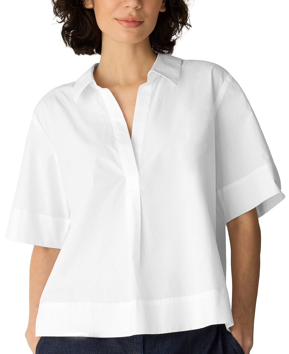 Eileen Fisher Women's Cotton Poplin Split Neck Short-Sleeve Blouse