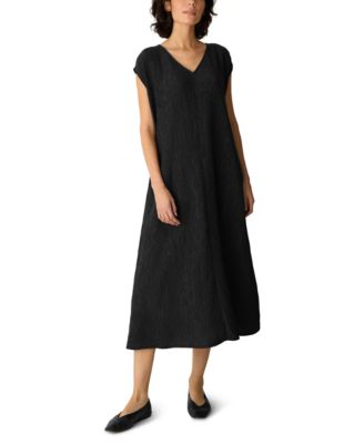 Eileen Fisher Women's Woven Plissé V-Neck A-Line Midi Dress