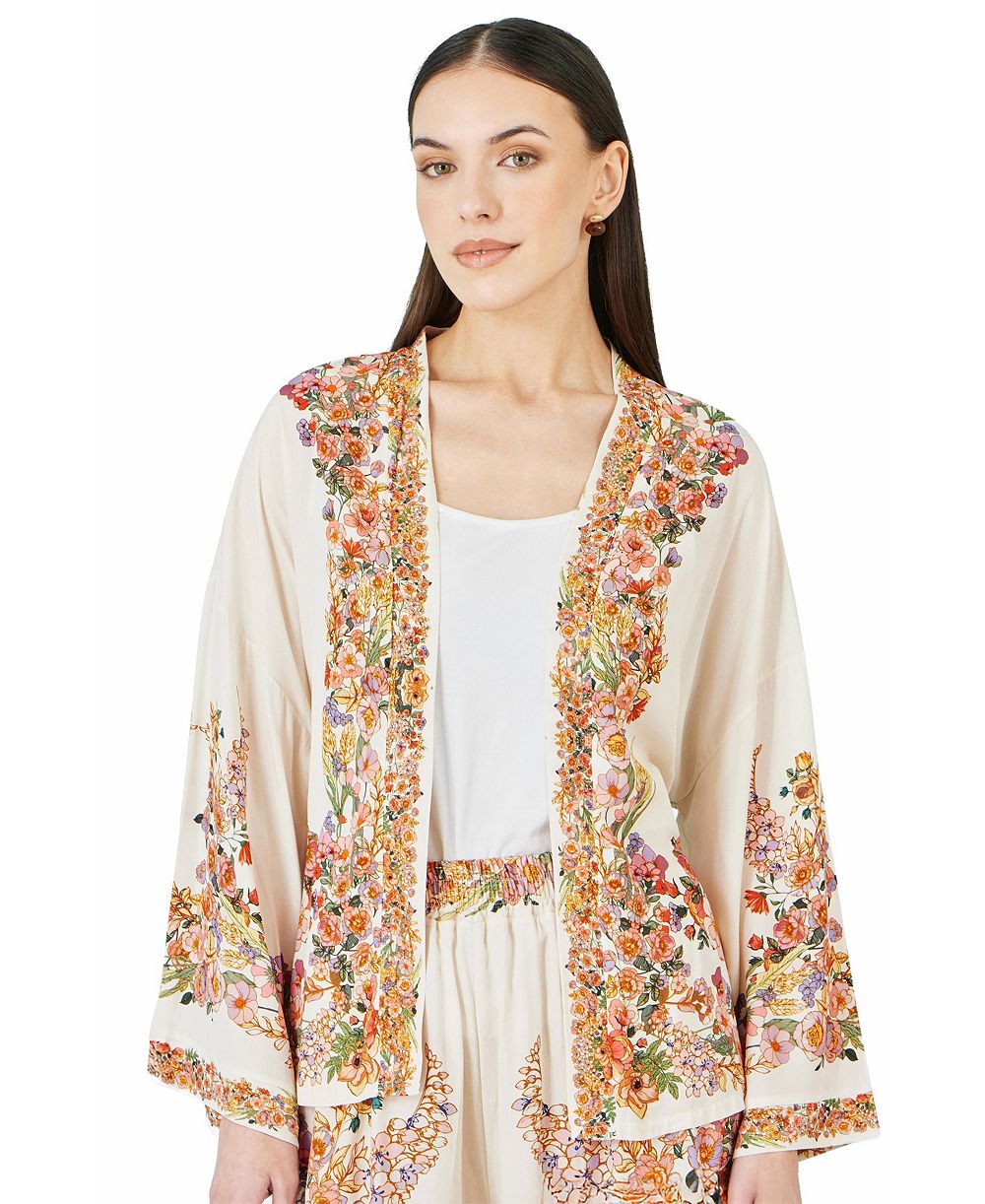 Yumi Women's Viscose Floral Border Belted Jacket
