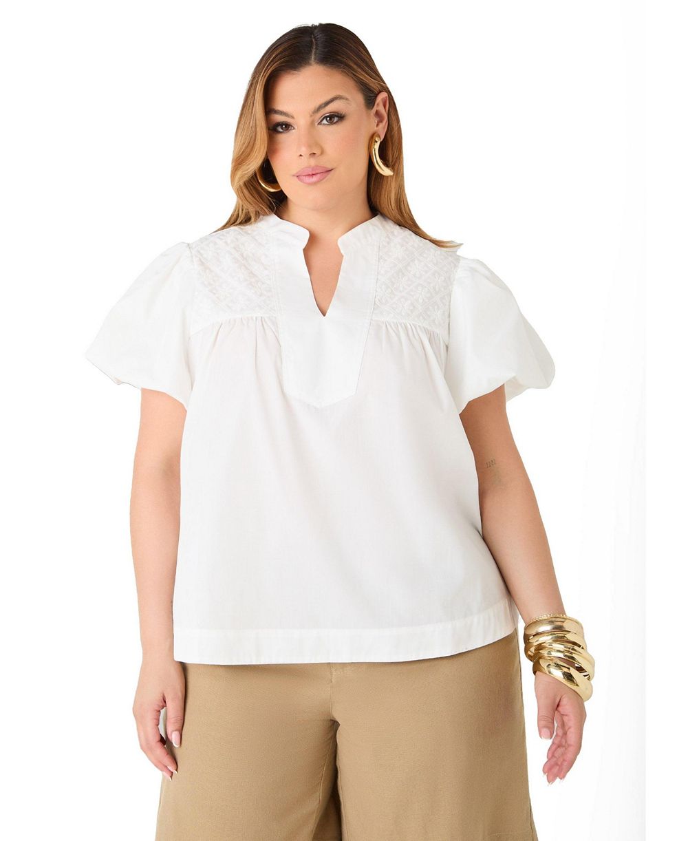 Ashley Stewart Plus Size топ с вышивка и пышными рукавами