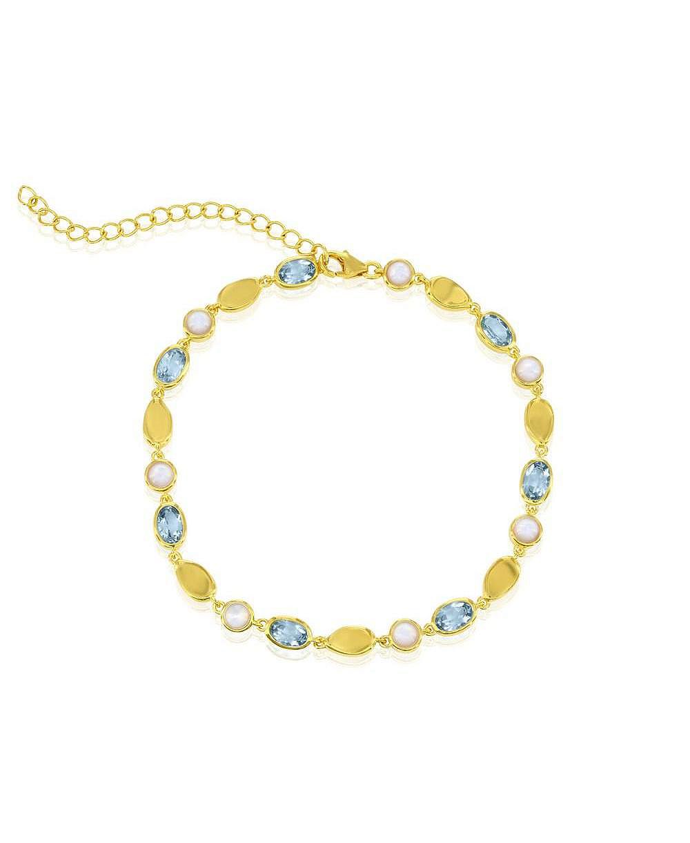 Simona Sterling Silver, Round MOP and Oval  Topaz Gem Bracelet - Gold Plated