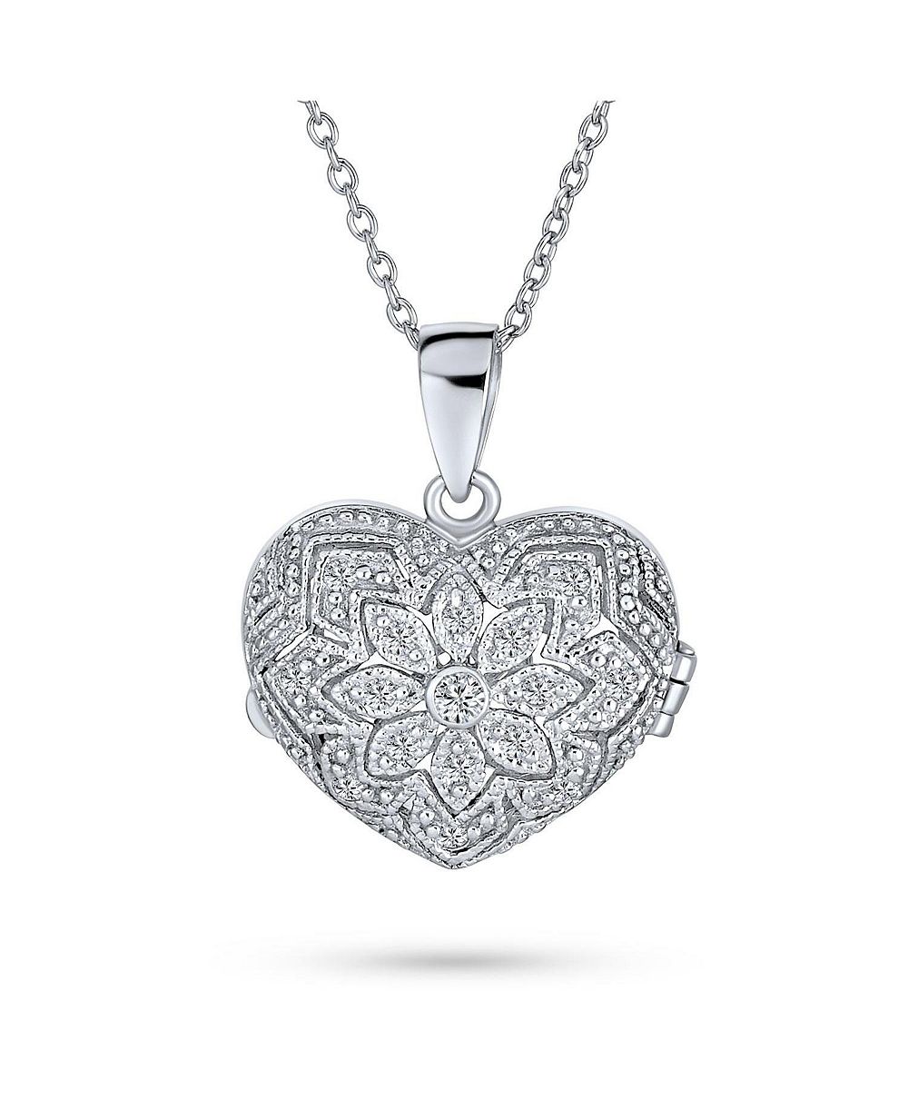 Серебряное ожерелье Bling Jewelry в винтажном стиле, кулон-медальон в форме сердца с фианитами, для ароматерапии или фото, .925 стерлинговое серебро