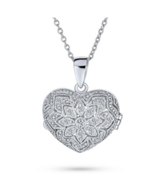 Bling Jewelry Vintage Style CZ Aromatherapy or Photo Puff Heart Shape Locket Pendant Necklace .925 Sterling Silver