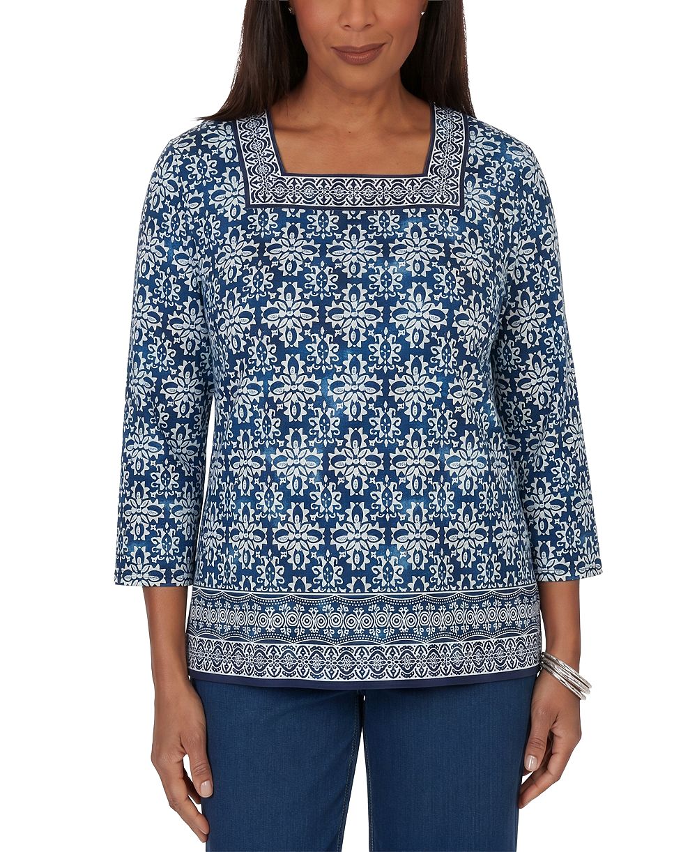 Alfred Dunner Women's Batik Square Neck 3/4 Sleeve Top