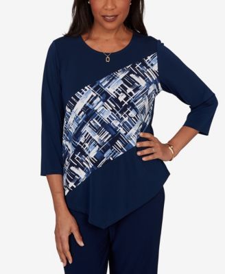 Alfred Dunner Women's Etched Plaid Diagonal Puff Printed Top