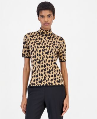 Anne Klein Women's Animal-Print Mock-Neck Short-Sleeve Sweater