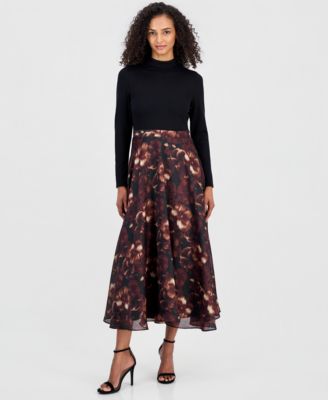 Anne Klein Women's Serenity Mock-Neck Long-Sleeve Floral-Print Dress