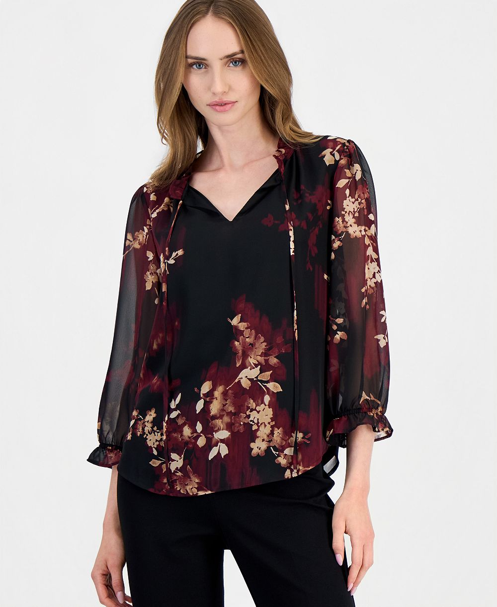 Anne Klein Women's Ruffle-Neck Tie-Front Floral Blouse