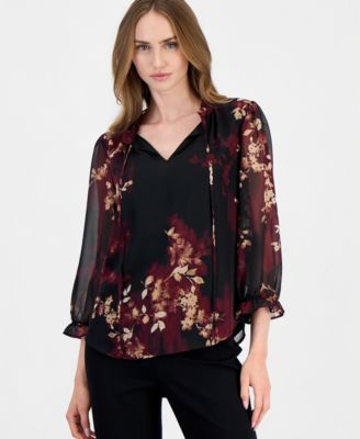 Anne Klein Women's Ruffle-Neck Tie-Front Floral Blouse