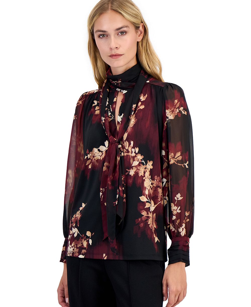Anne Klein Women's Long-Sleeve Floral Bow Blouse