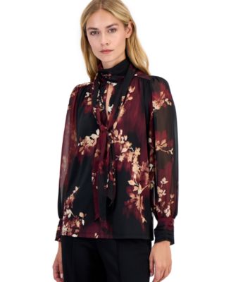 Anne Klein Women's Long-Sleeve Floral Bow Blouse