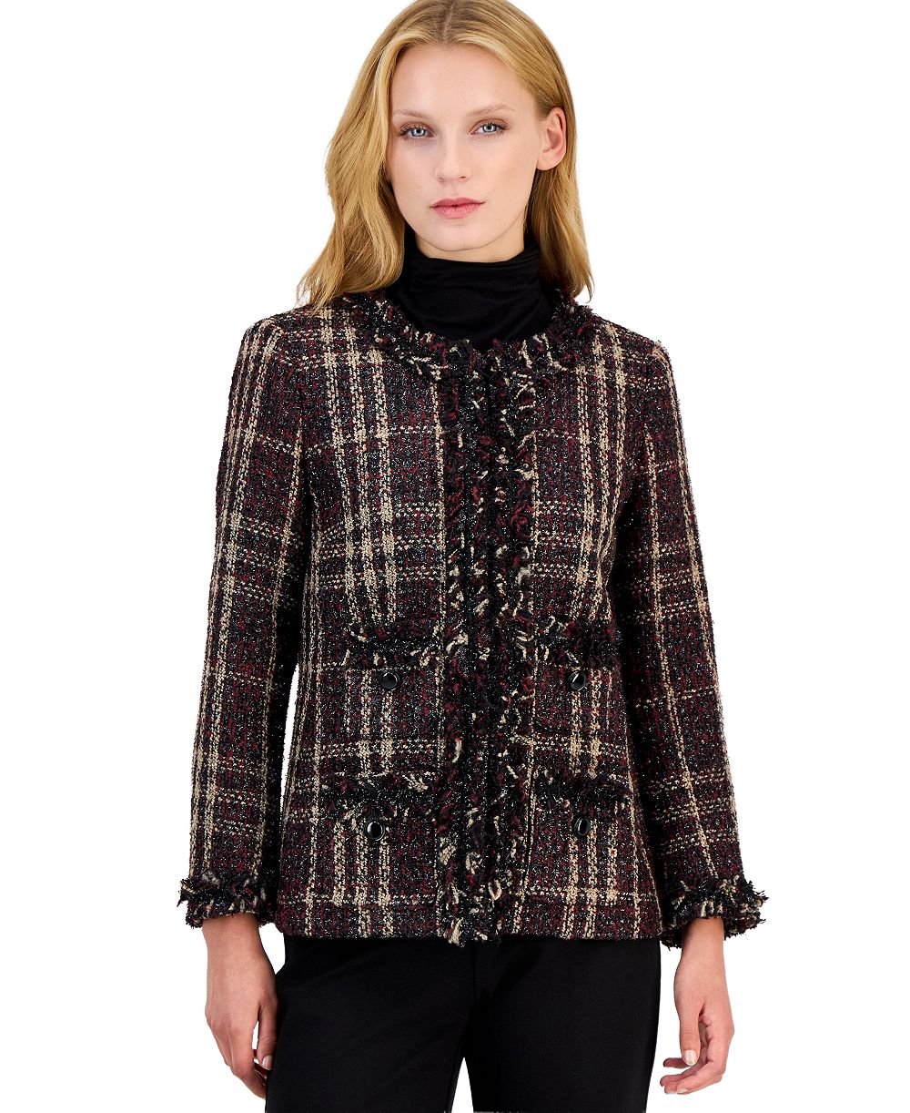 Женская твидовая куртка Anne Klein с бахромой и клетчатым узором