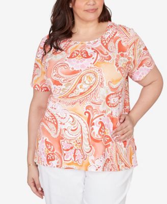 Alfred Dunner Plus Size Paisley Beaded Neck Pleated T-Shirt