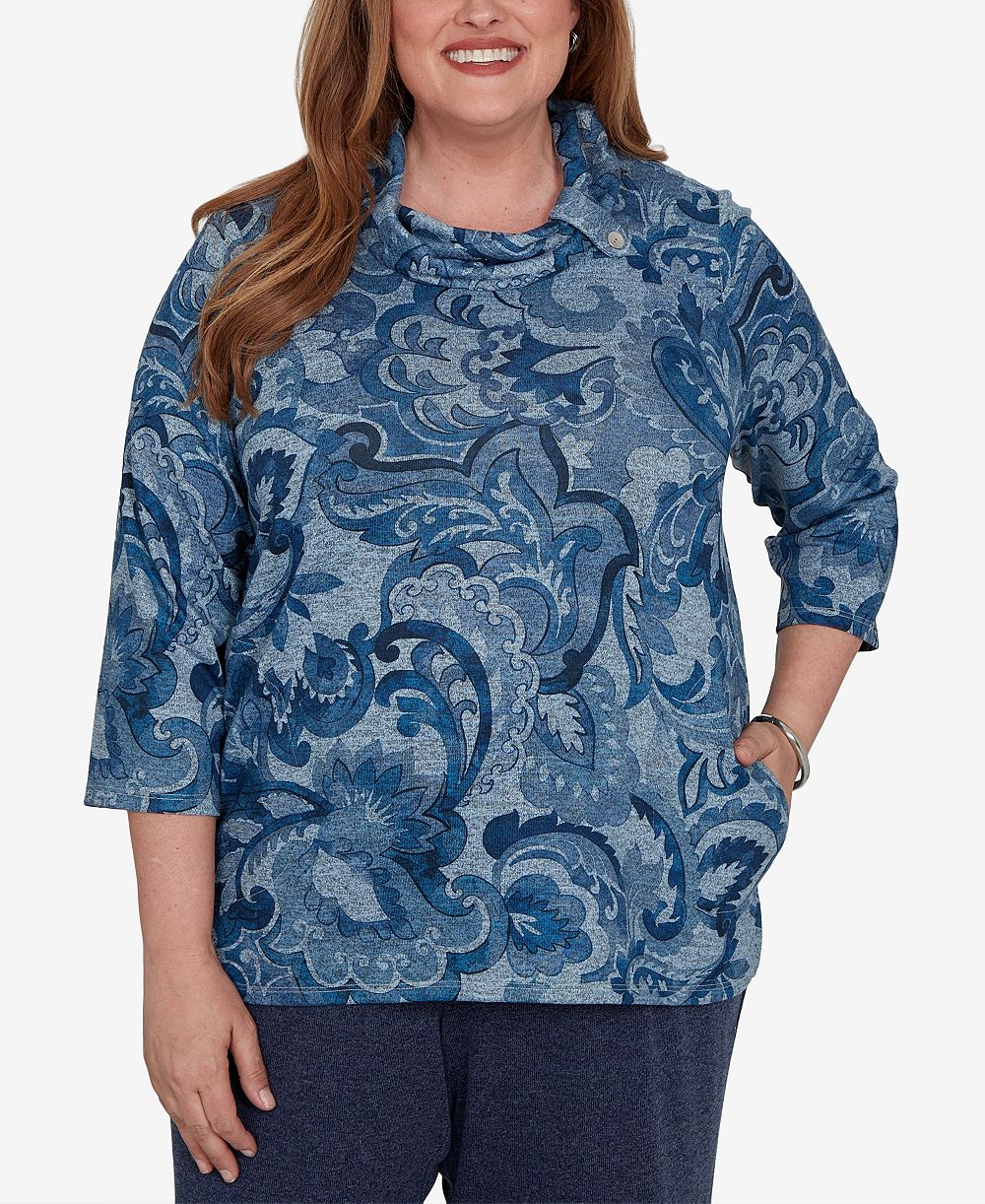 Alfred Dunner Plus Size топ с воротником-хомутом и карманами, узор пейсли