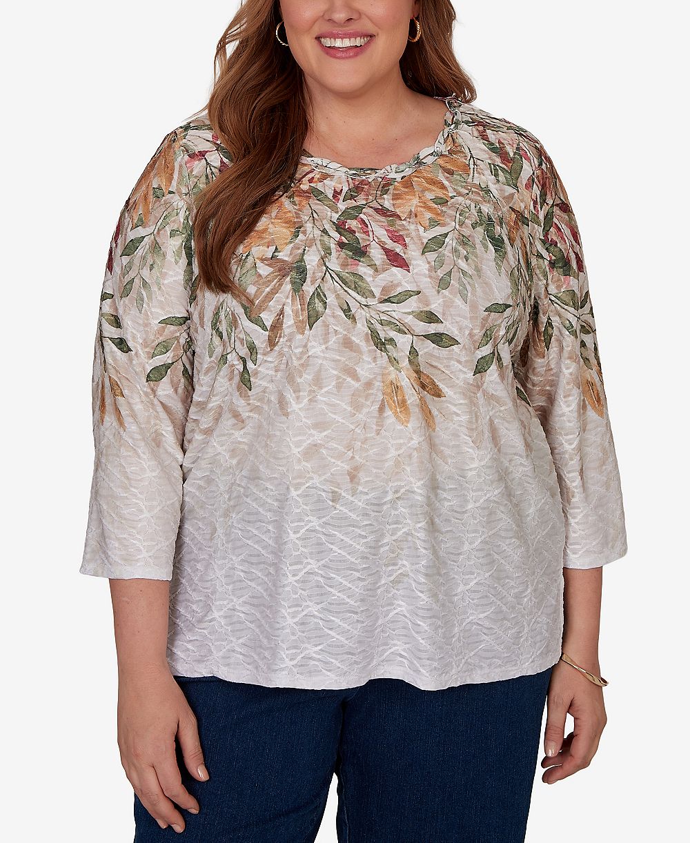 Alfred Dunner Plus Size Autumn Leaves Braided Neck Top