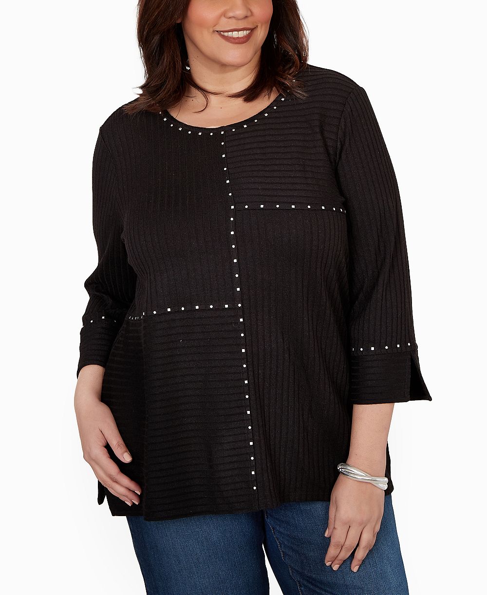 Alfred Dunner Plus Size Spliced Texture Metallic Studded Top