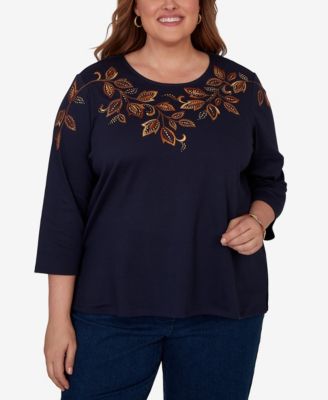 Alfred Dunner Plus Size Autumn Embroidered Navy Knit Top