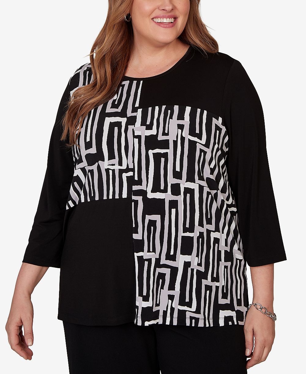 Alfred Dunner Plus Size Spliced Geometric Puff Print топ