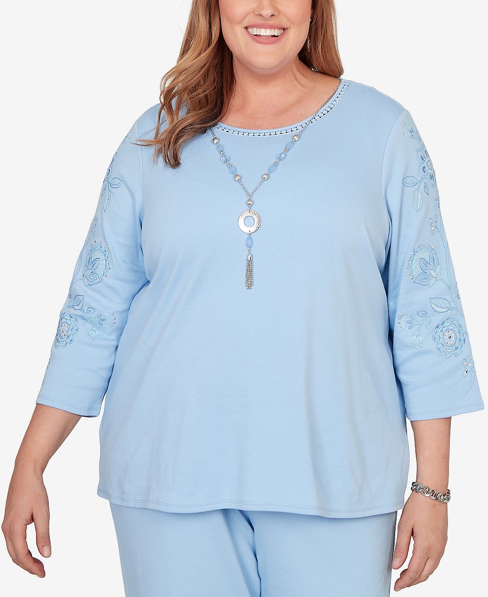 Alfred Dunner Plus Size Embroidered Floral-Sleeve Accent Top with Necklace