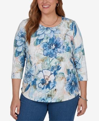 Alfred Dunner Plus Size Etched Florals 3/4-Sleeve Ruched T-Shirt