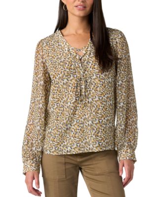 Liverpool Los Angeles Women's Long-Sleeve V-Neck Lace-Up Front Blouse