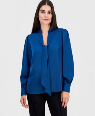 T Tahari Women's Tie-Neck Long-Sleeve Blouse