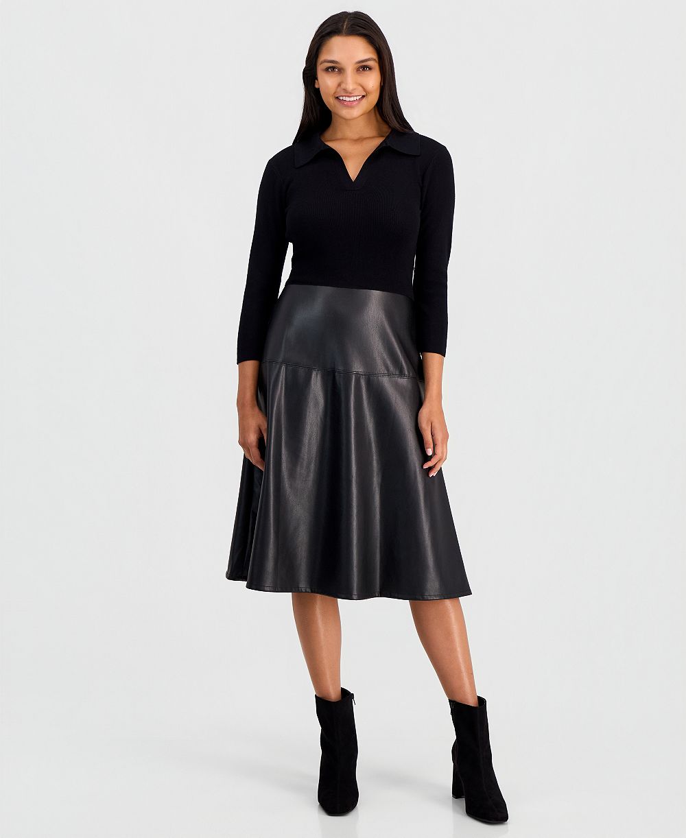 Платье T Tahari Women's Faux-Leather-Skirt Split-Collar 3/4-Sleeve