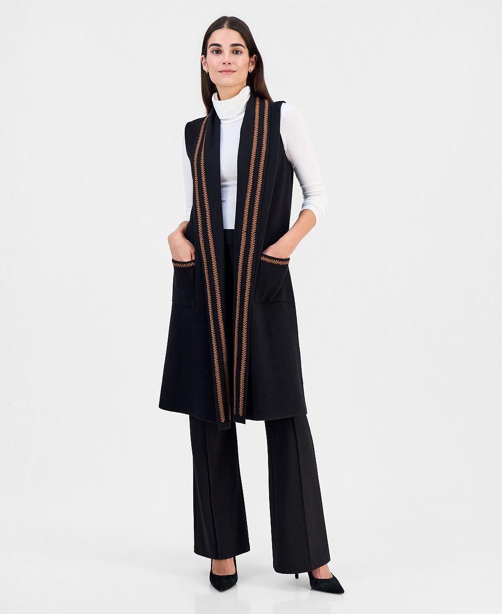 T Tahari Women's Whipstitch Sleeveless Open-Front Cardigan