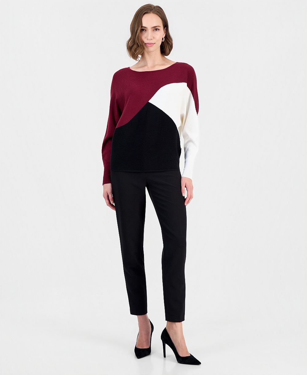 T Tahari Women's Colorblock Ribbed-Knit Crewneck Pullover