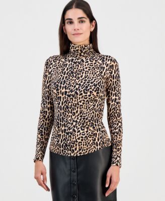 T Tahari Women's Printed Shirred Turtleneck Top