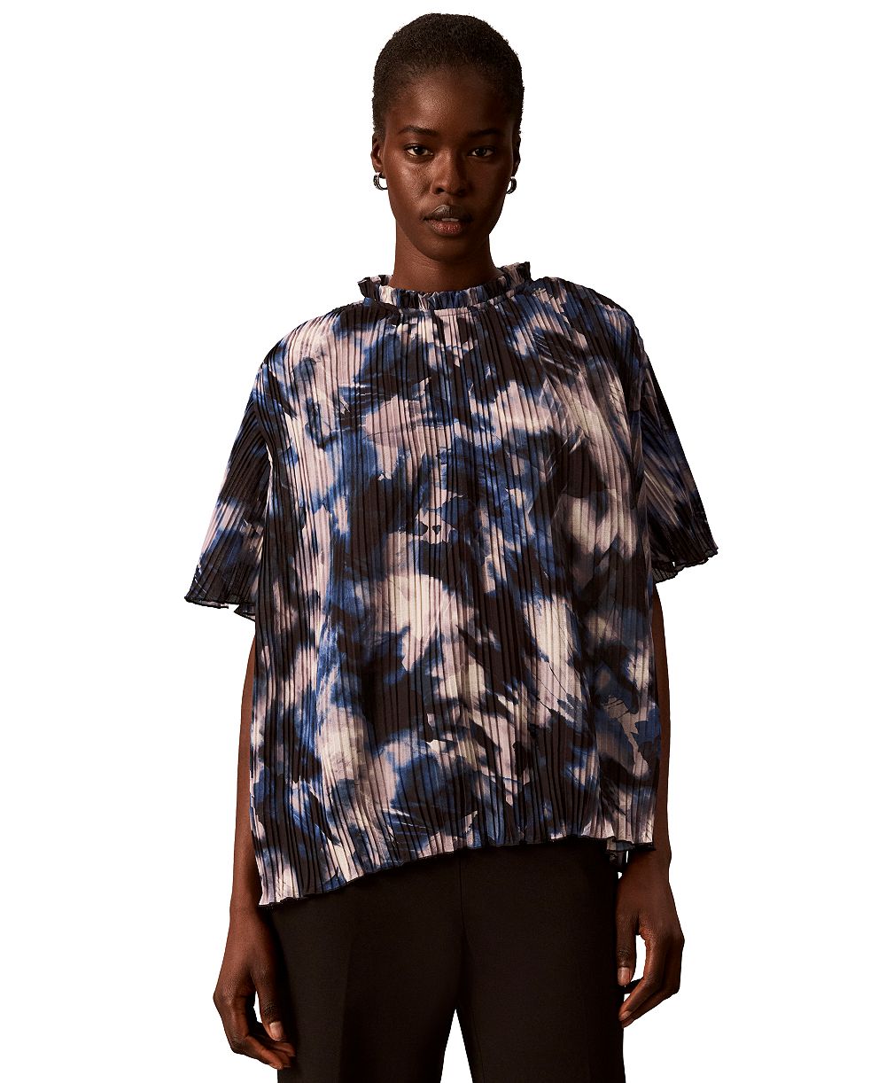 Calvin Klein Petite Short-Sleeve Ruffle-Neck Pleated Blouse