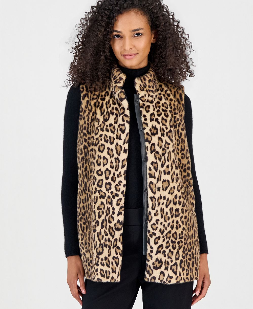 Anne Klein Women's Elastic-Waist Snap Front Leopard-Print Faux Fur Vest