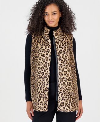 Anne Klein Women's Elastic-Waist Snap Front Leopard-Print Faux Fur Vest