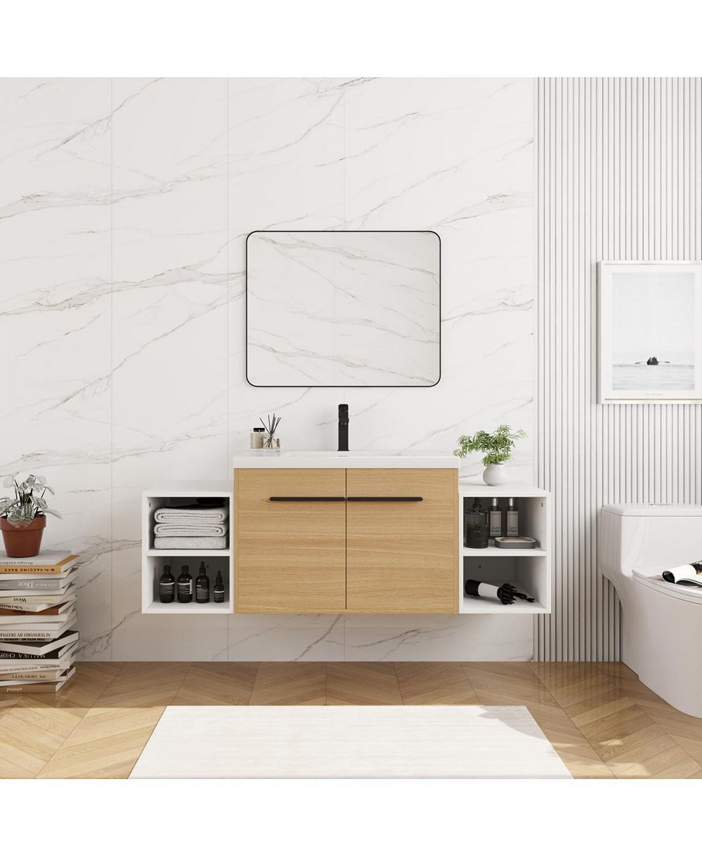 Sillysis 54 Inch Wall Mounted Bathroom Vanity with Resin Sink and Open Storage Shelves for Small Modern Bathroom