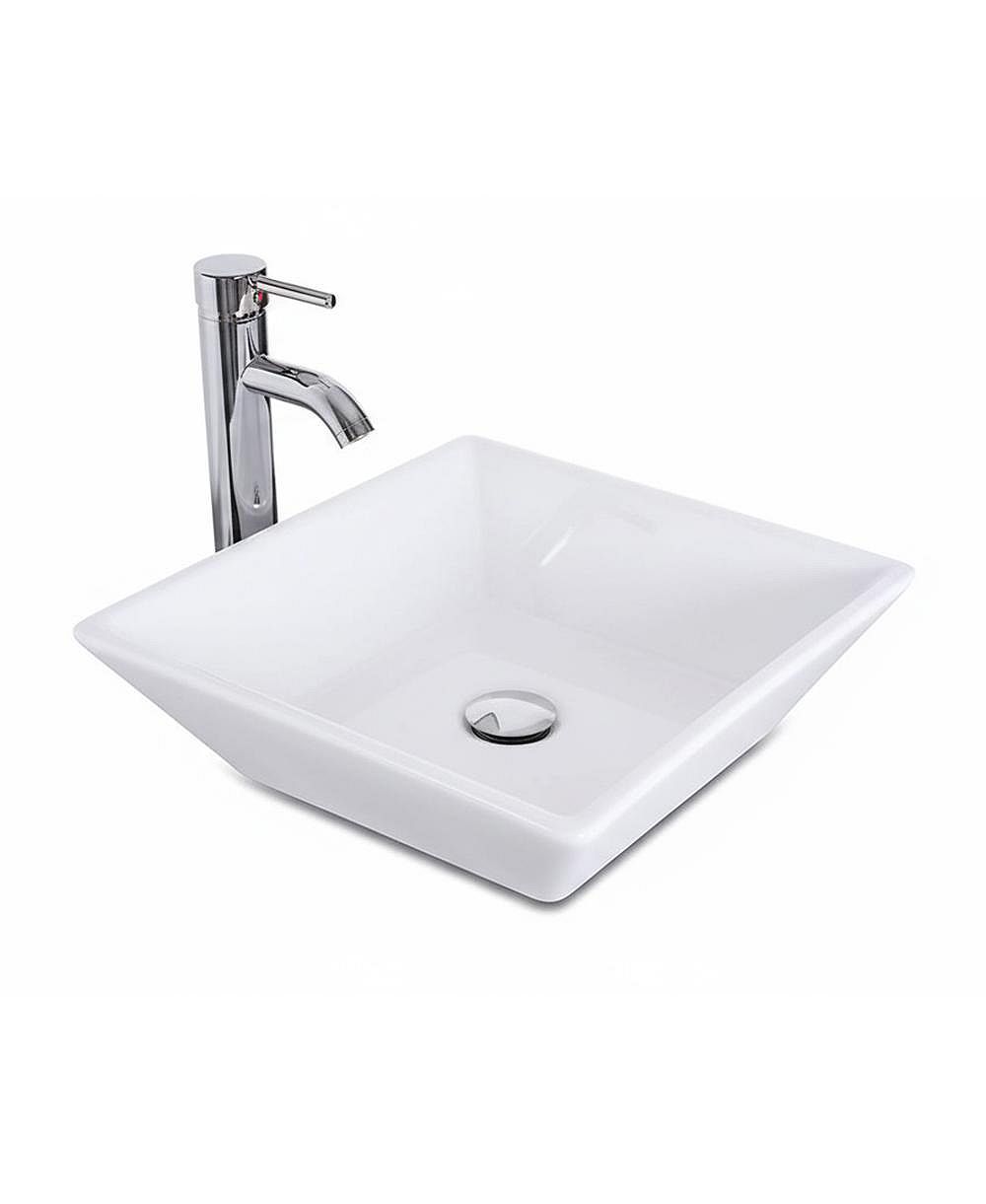 BUSDAYS 16x16 Inch Square Ceramic Vessel Sink for Bathroom Vanity Beveled Porcelain with Faucet and Pop Up Drain
