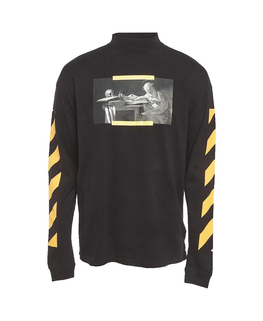Off-White Мужская футболка с длинным рукавом и воротником Mock Neck, принт Caravaggio, б/у