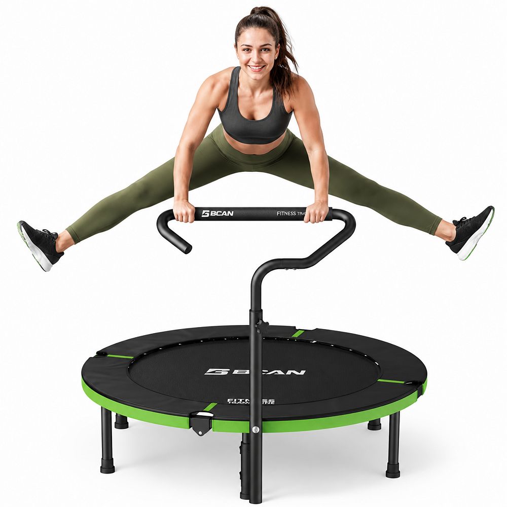 BCAN SP3 Foldable Mini Rebounder Trampoline with Adjustable T Shape Foam Handrail 48 Inch Indoor Garden Workout Trampoline for Adults 440LBS