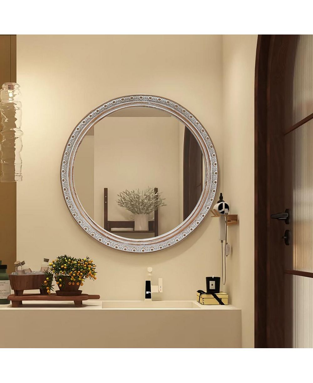 LAOTIES Classic Round Wall Mirror, Distressed Silver Gold Finish Decorative Mirror for Living Room and Hallway