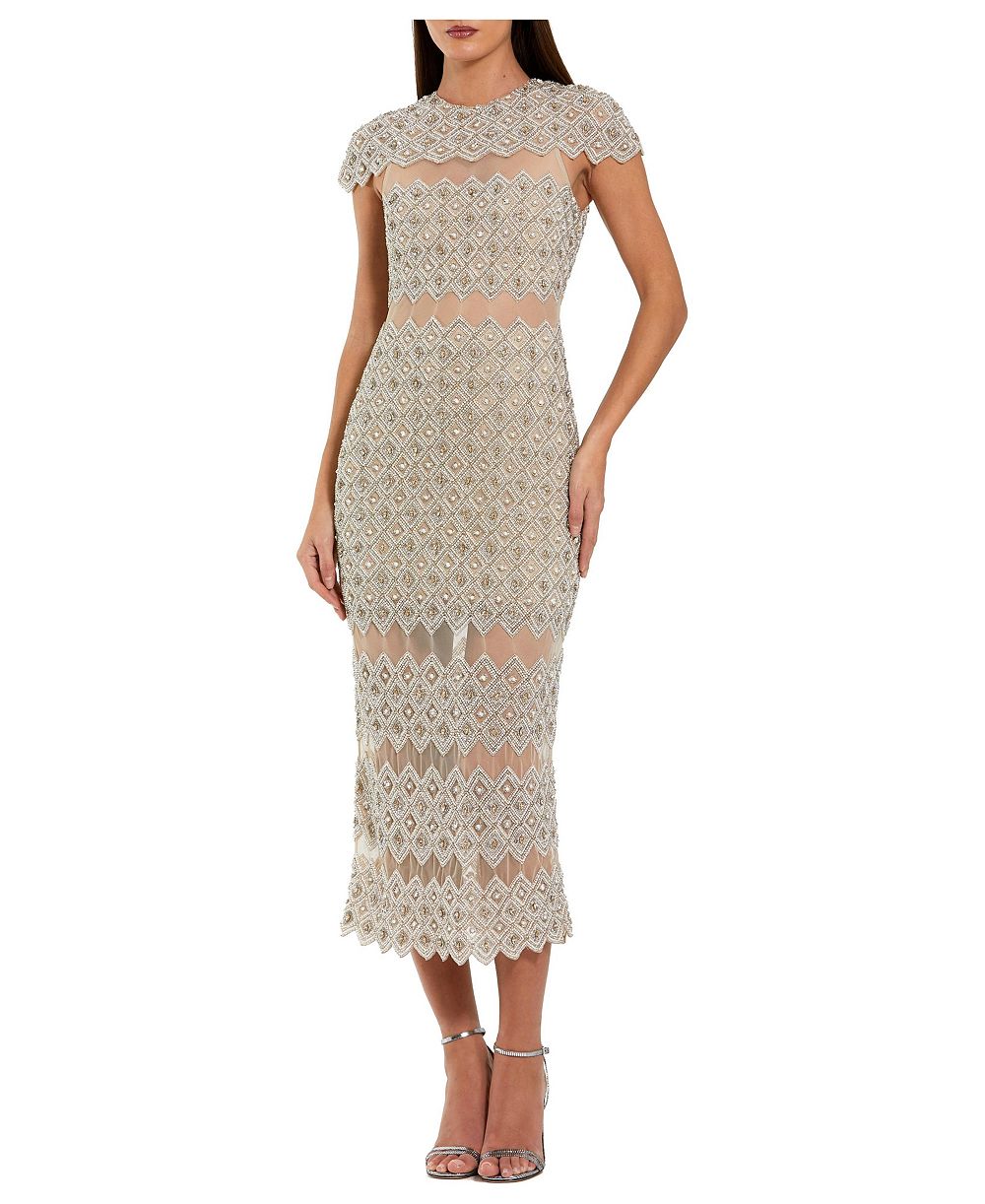 Женское платье Mac Duggal Beaded Mesh Sheath Midi Dress