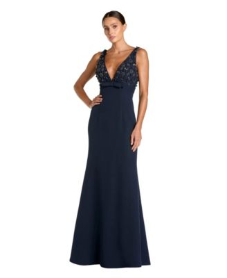 Mac Duggal Women's Crepe Sleeveless Beaded V Neck Gown With Bow