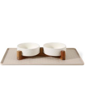 ARONKL Elevated Pet Feeder Set Ceramic Bowls Solid Wood Stand Silicone Mat Non Slip